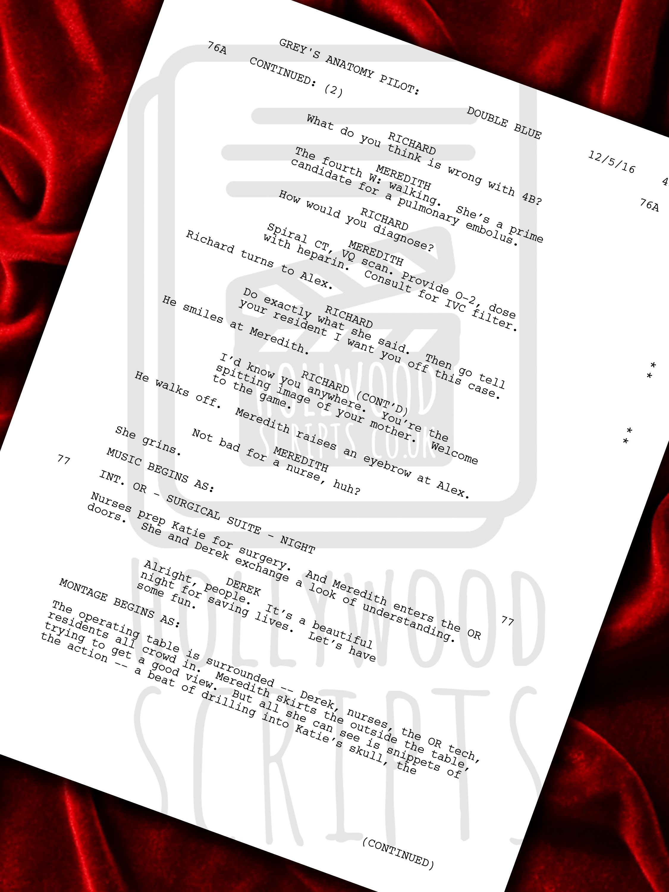Greys Anatomy Signed TV Pilot Script, Full Screenplay Reproduction