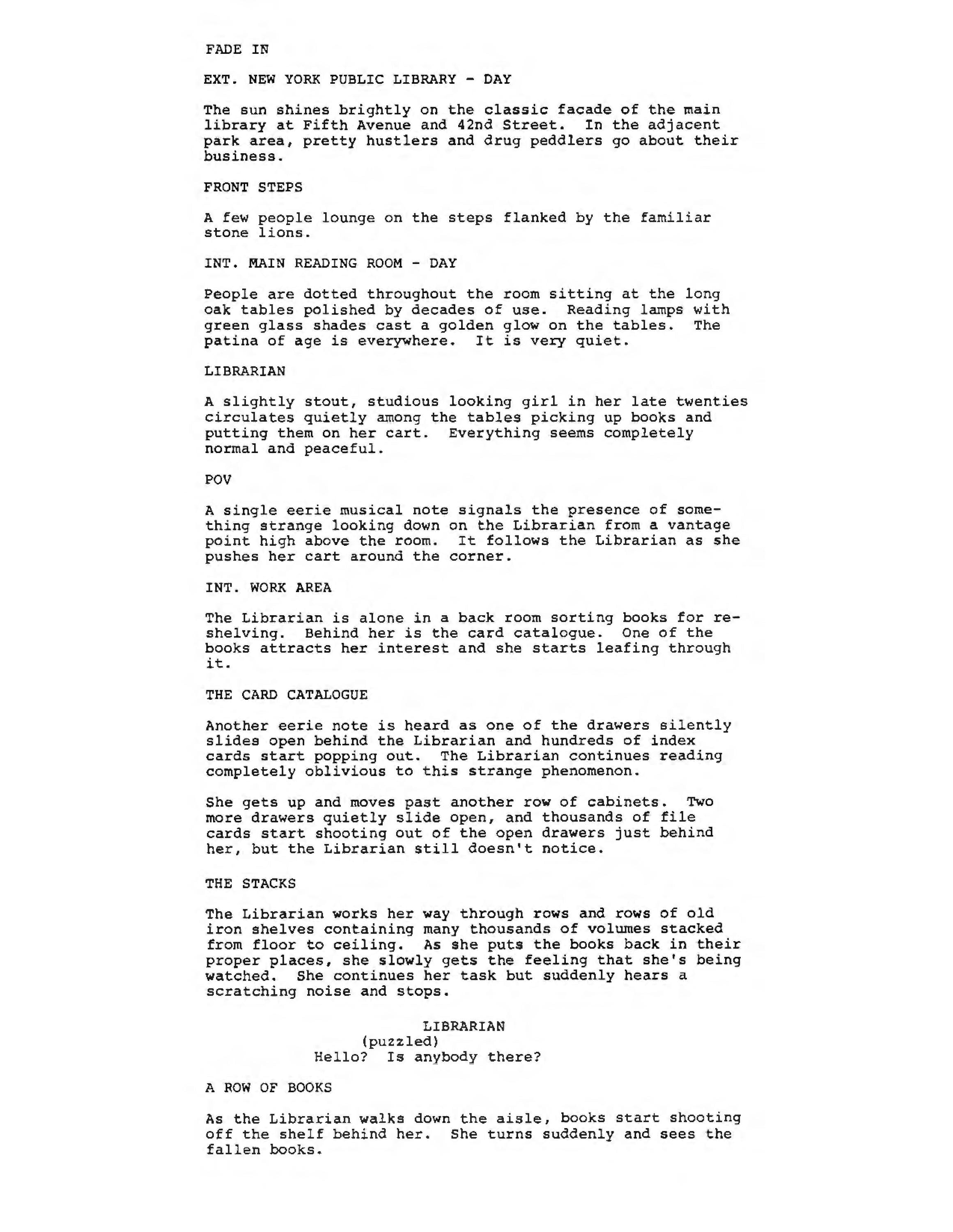 A script page detailing scenes at the New York Public Library, including the exterior, steps, reading room, and work area. The text describes a librarian and the strange occurrences around her, with dialogue and stage directions.
