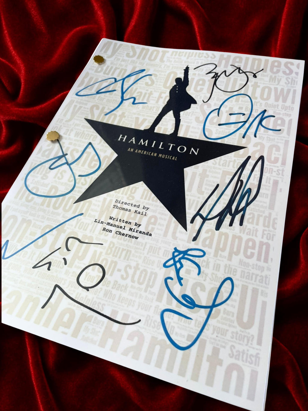 Hamilton Musical, Signed Playscript Framed Reproduction with Lin-Manuel Miranda + Cast Autographs