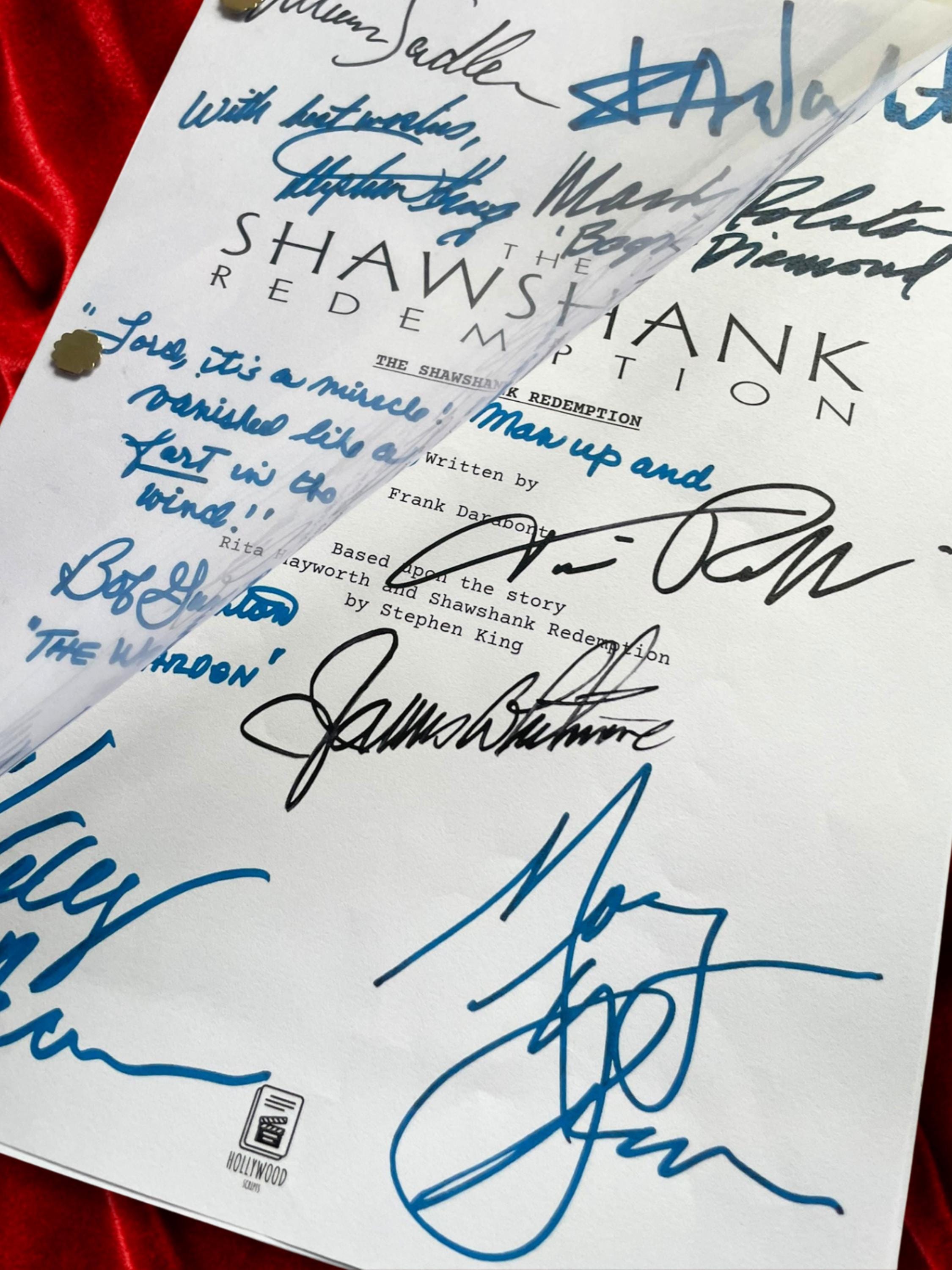 Shawshank Redemption, Signed Movie Script with, Morgan Freeman, Tim Robbins, Frank Darabont, Stephen King & Cast Autographs