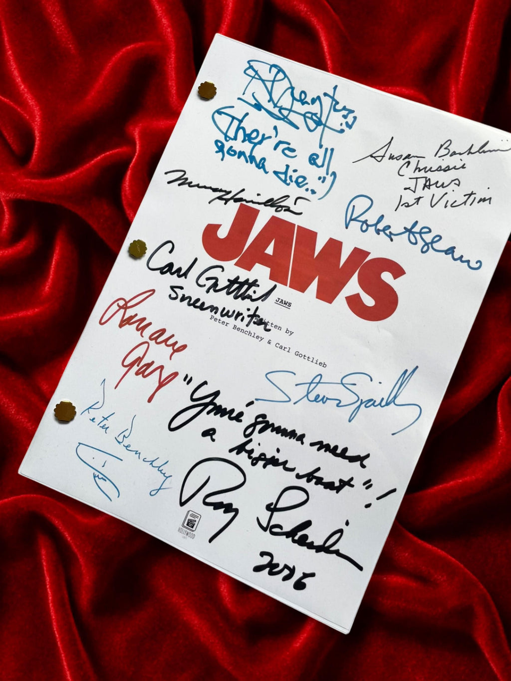 JAWS Signed Movie Script Memorabilia with Roy Scheider, Robert Shaw, Richard Dreyfuss, Steven Speilberg & Cast Autographs