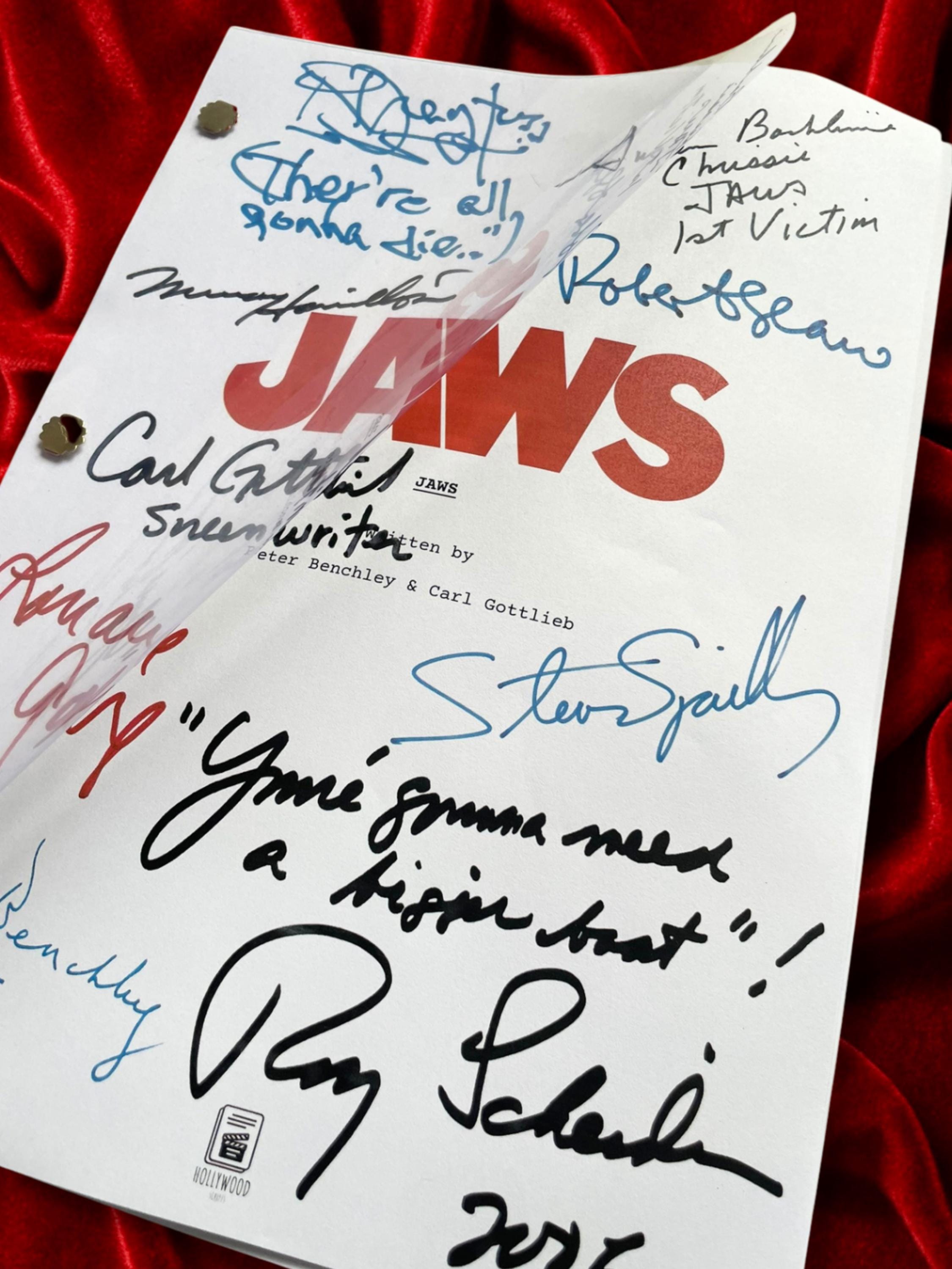 JAWS Signed Movie Script Memorabilia with Roy Scheider, Robert Shaw, Richard Dreyfuss, Steven Speilberg & Cast Autographs