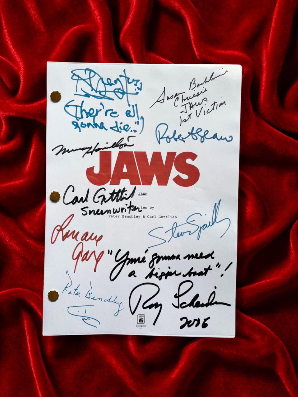 JAWS Signed Movie Script Memorabilia with Roy Scheider, Robert Shaw, Richard Dreyfuss, Steven Speilberg & Cast Autographs