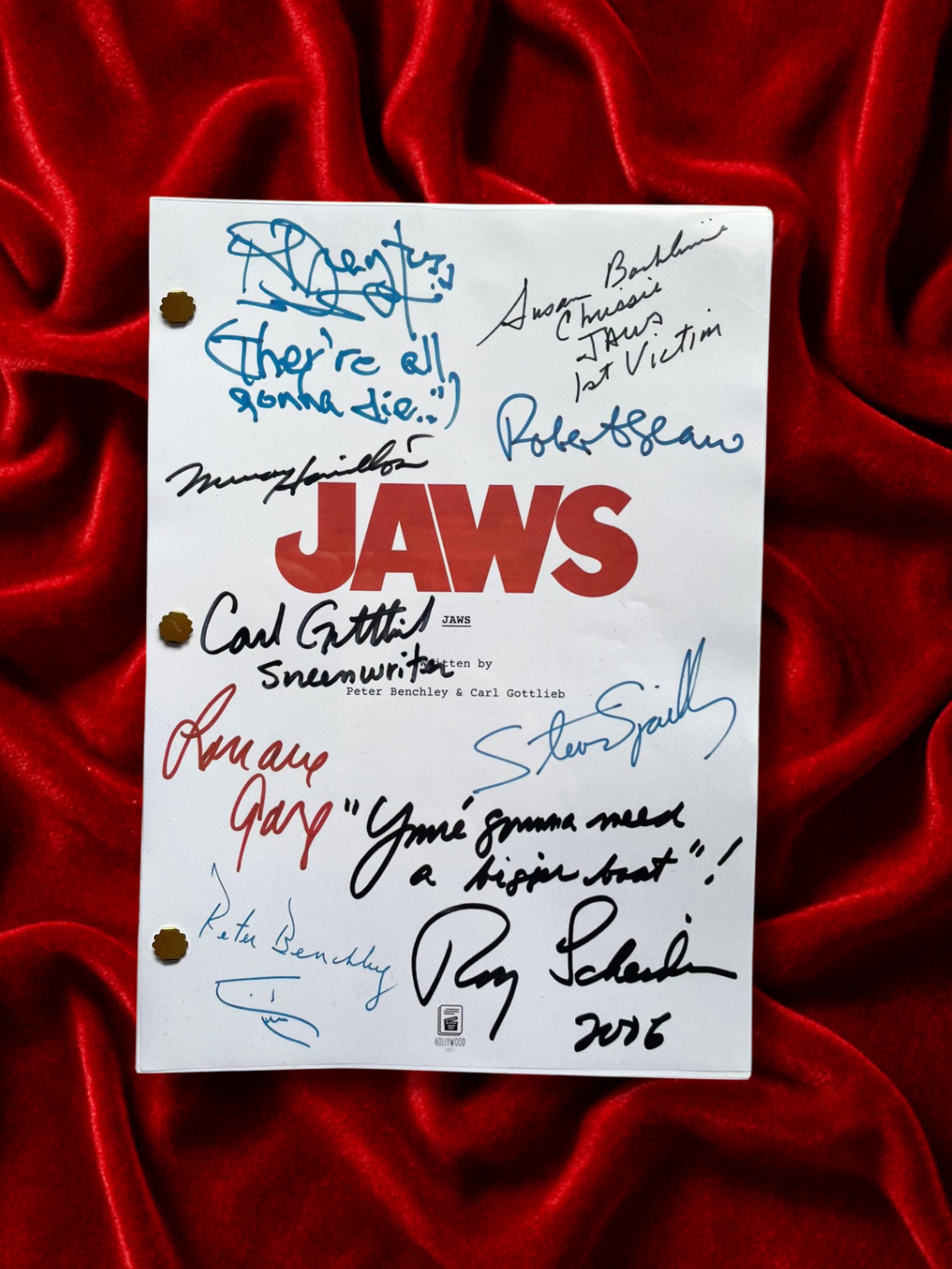 JAWS Signed Movie Script Memorabilia with Roy Scheider, Robert Shaw, Richard Dreyfuss, Steven Speilberg & Cast Autographs