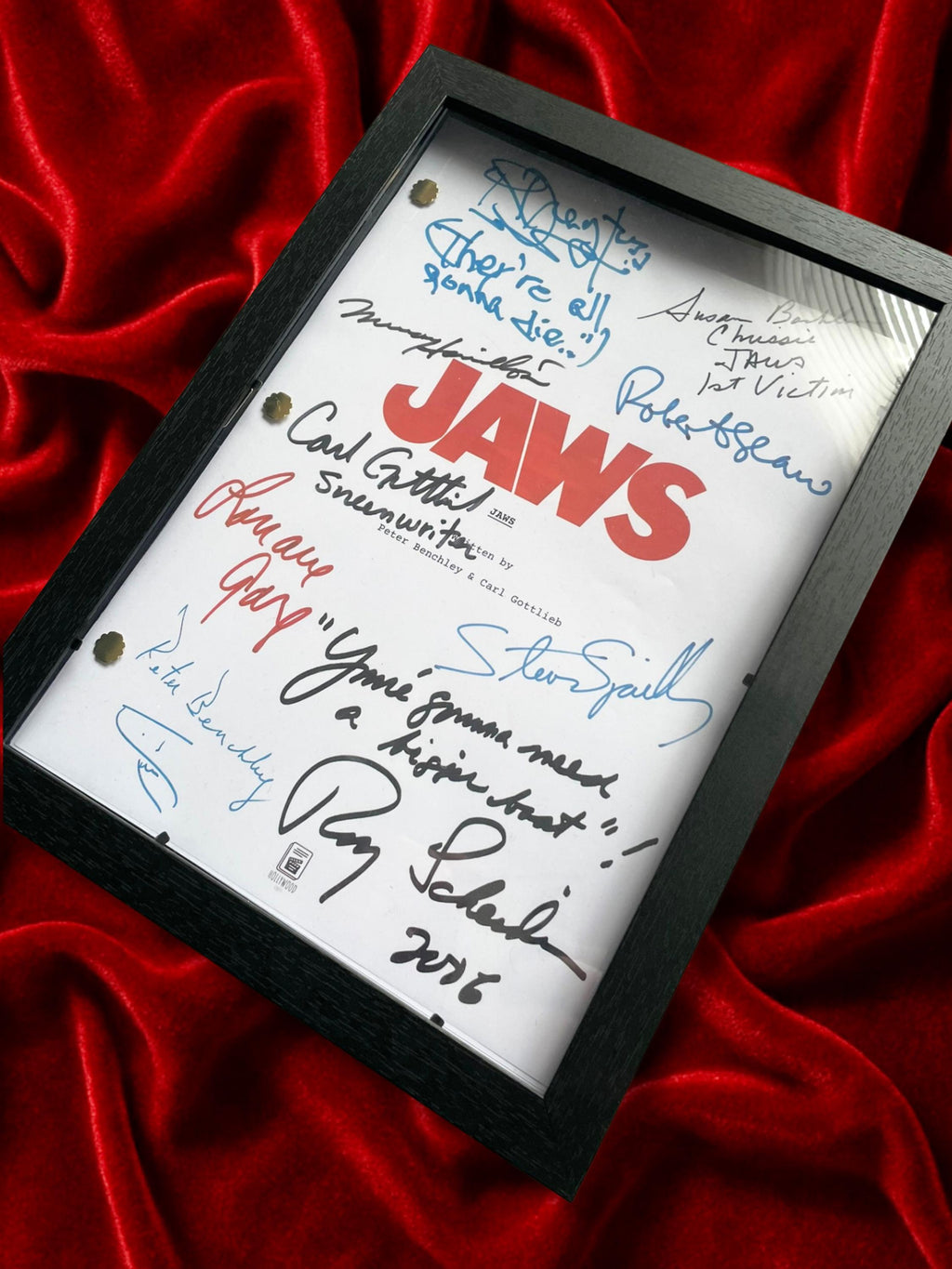 JAWS Signed Movie Script Memorabilia with Roy Scheider, Robert Shaw, Richard Dreyfuss, Steven Speilberg & Cast Autographs