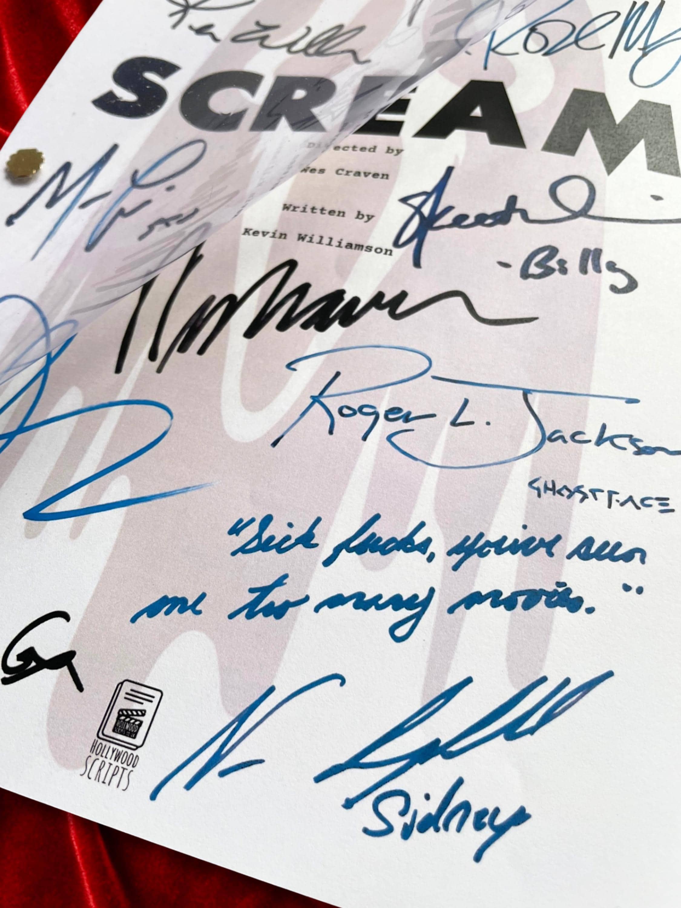SCREAM Signed Movie Script with Wes Craven, Roger L. Jackson – Ghostface, Neve Campbell & cast autographs