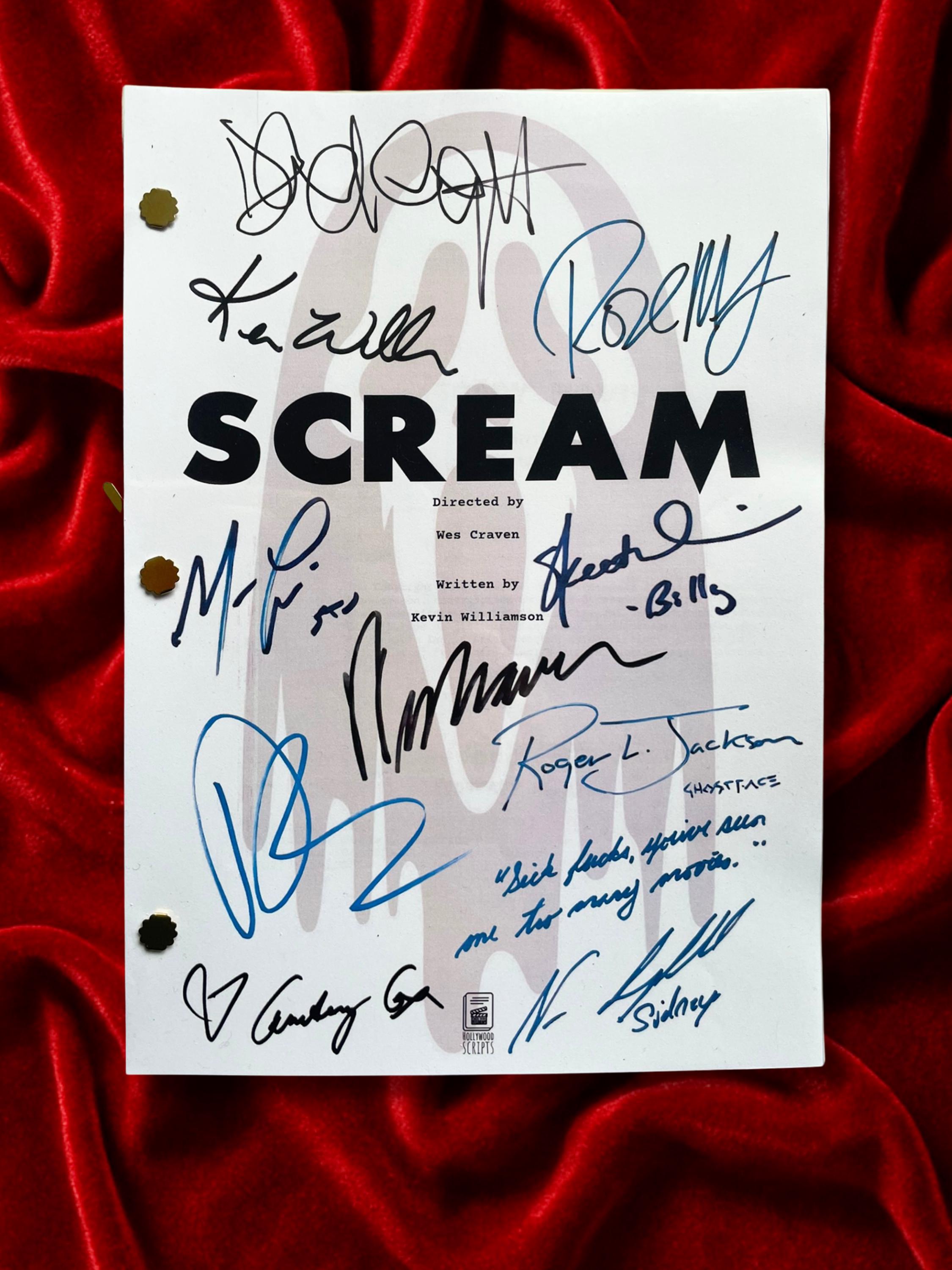SCREAM Signed Movie Script with Wes Craven, Roger L. Jackson – Ghostface, Neve Campbell & cast autographs