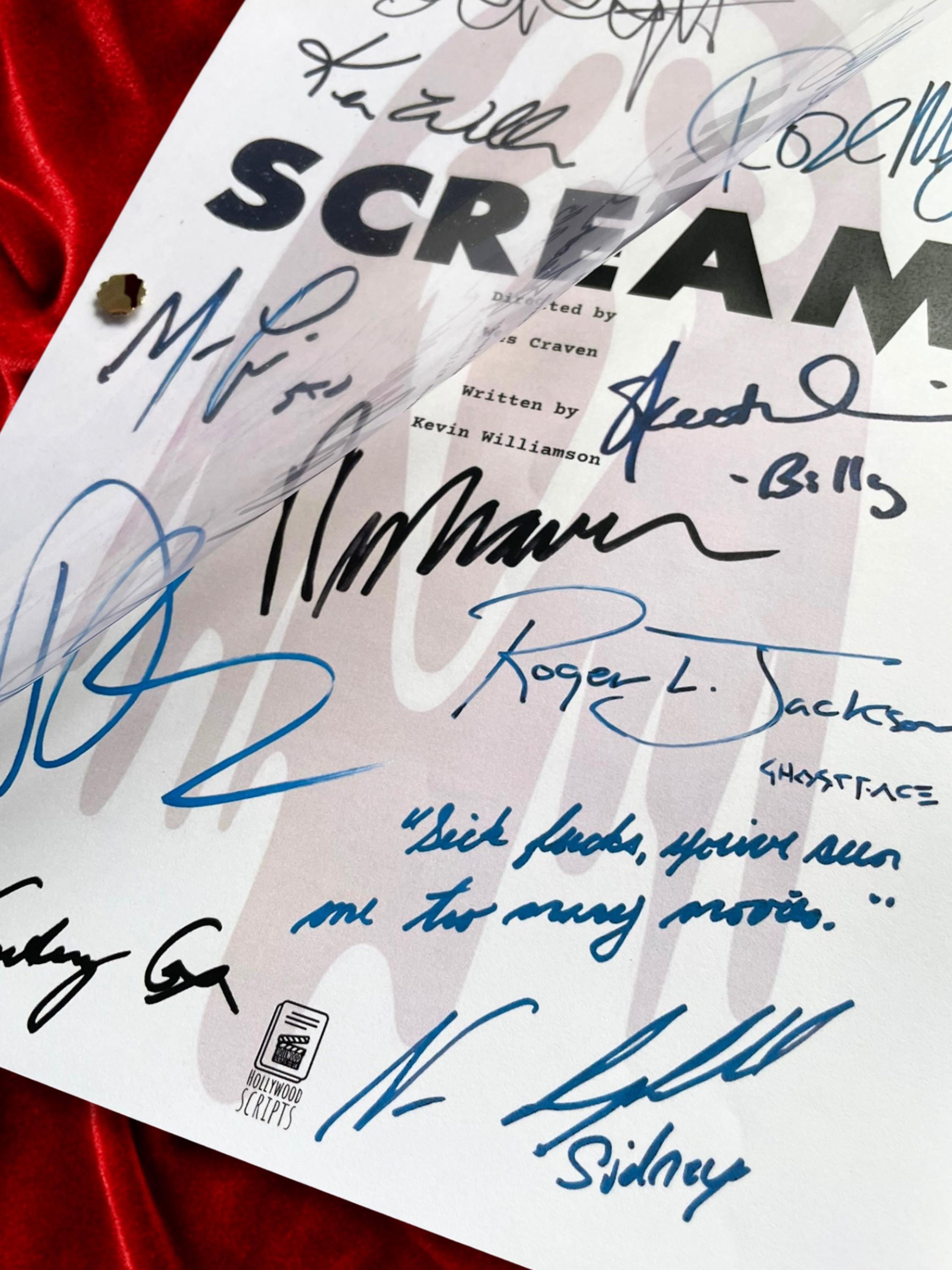 SCREAM Signed Movie Script with Wes Craven, Roger L. Jackson – Ghostface, Neve Campbell & cast autographs