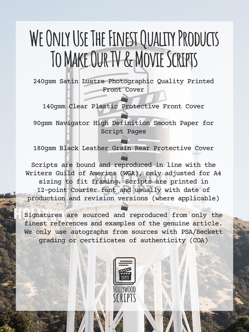 Description of the high quality products and materials used to produce our unique and thoughtful signed movie screenplay scripts from all your favourite movies and TV shows