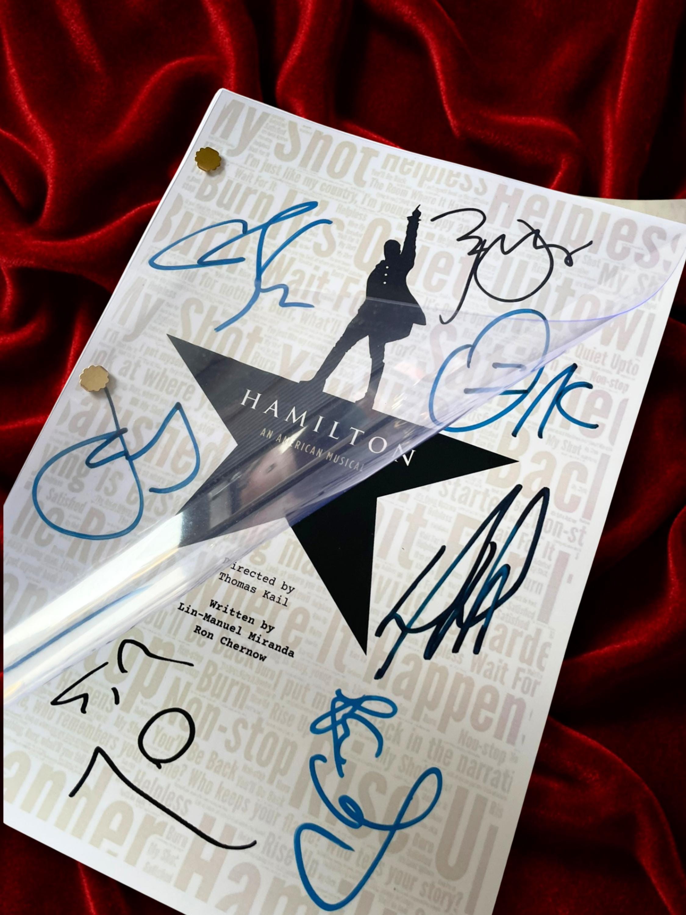 Hamilton Musical, Signed Playscript Framed Reproduction with Lin-Manuel Miranda + Cast Autographs
