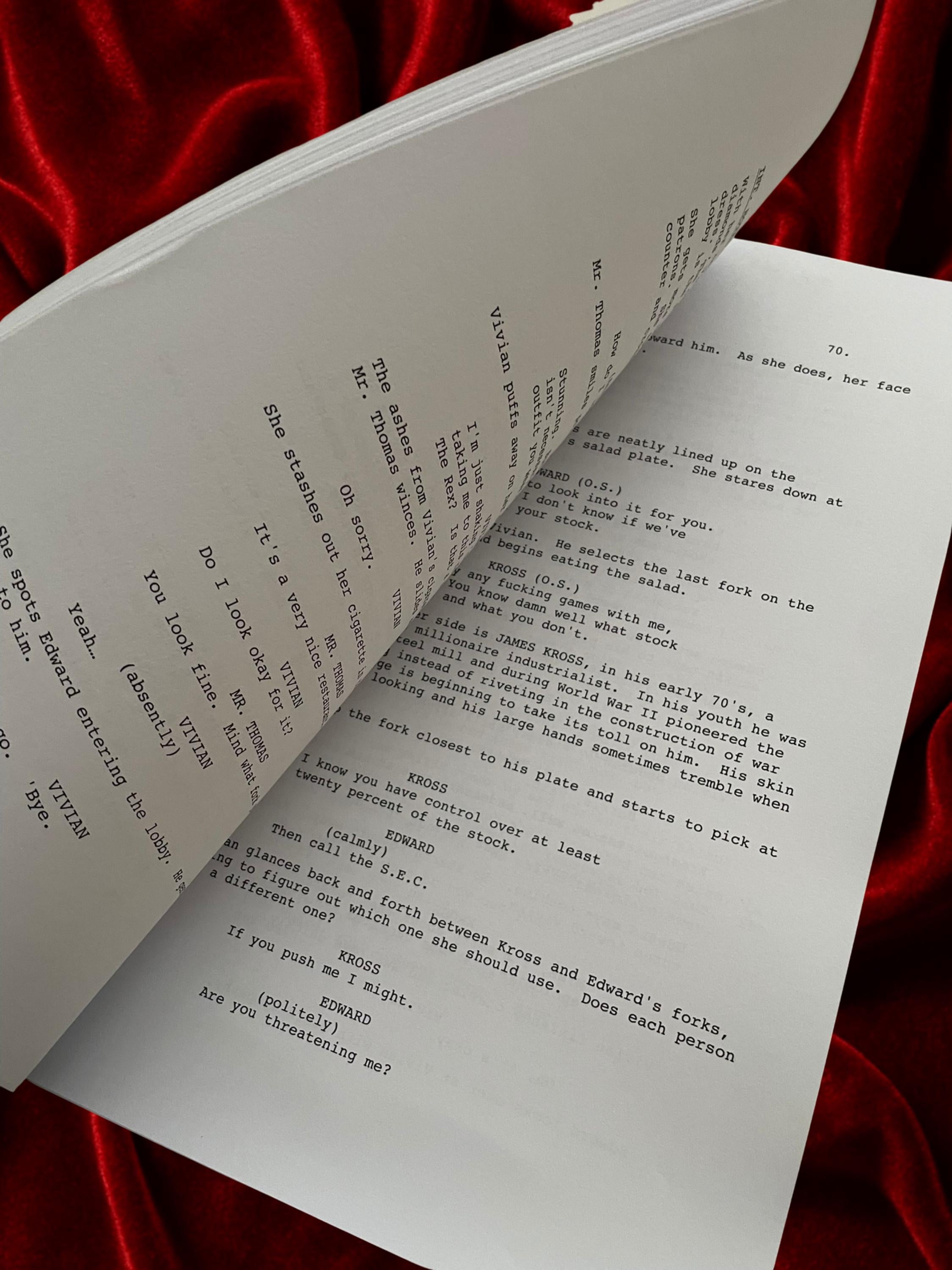 Inside dialogue pages of a signed and autographed screenplay script from the movie film Pretty Woman featuring Richard Gere and Julia Roberts autographs
