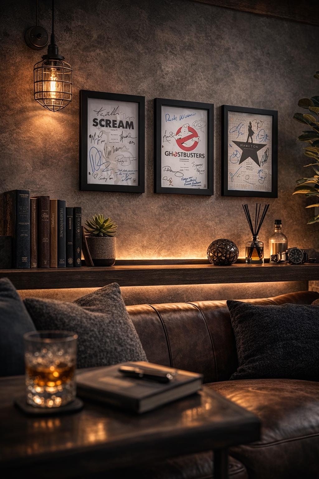 A framed Hamilton musical script with multiple signatures in blue and black ink. This is framed on a wall with other scripts by Ghostbusters and Scream