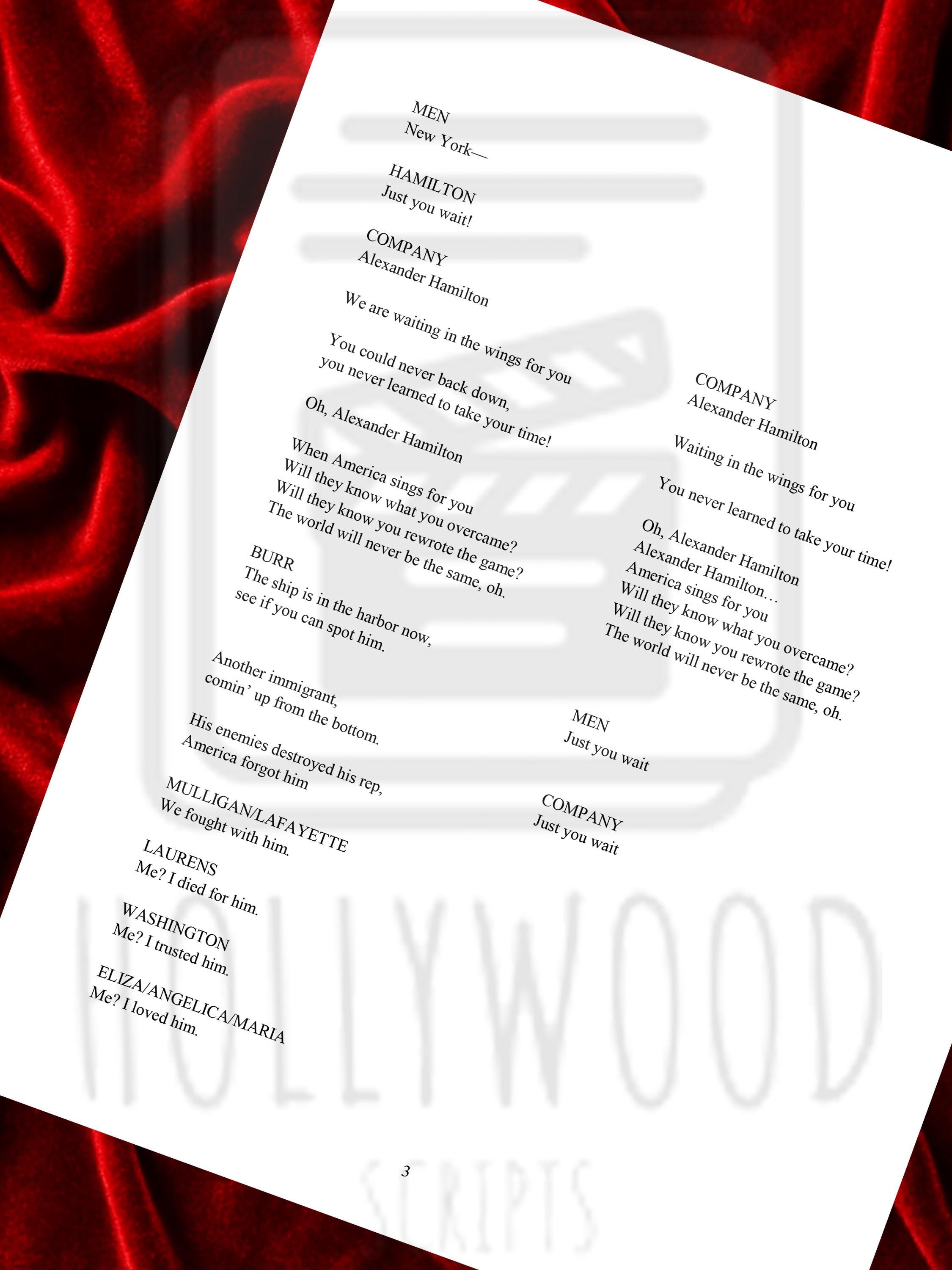 A white script featuring dialogue and songs from HAMILTON The Musical. Set against a deep red velvet background.