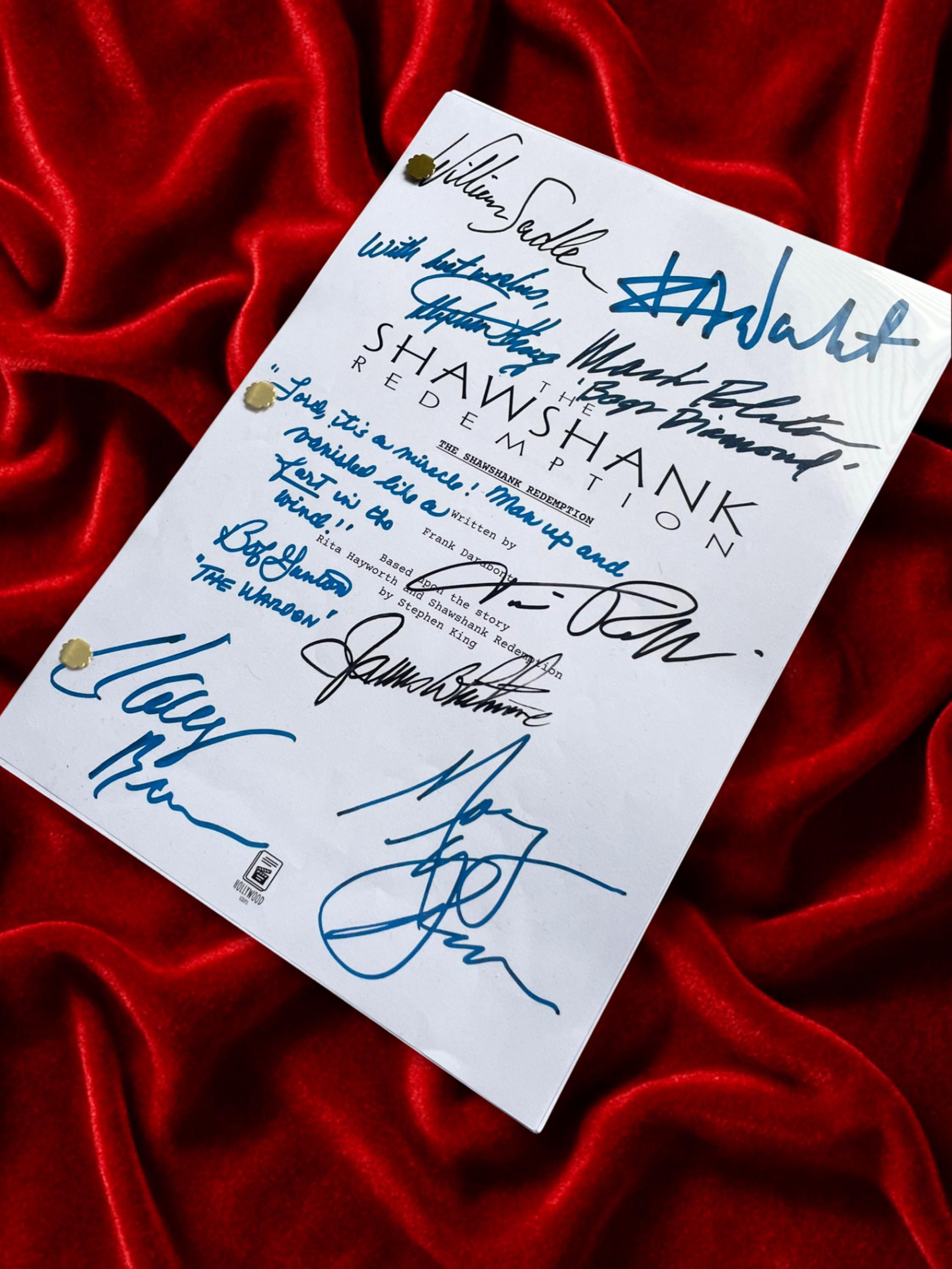 Shawshank Redemption, Signed Movie Script with, Morgan Freeman, Tim Robbins, Frank Darabont, Stephen King & Cast Autographs