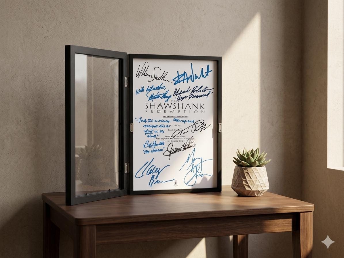 Shawshank Redemption, Signed Movie Script with, Morgan Freeman, Tim Robbins, Frank Darabont, Stephen King & Cast Autographs