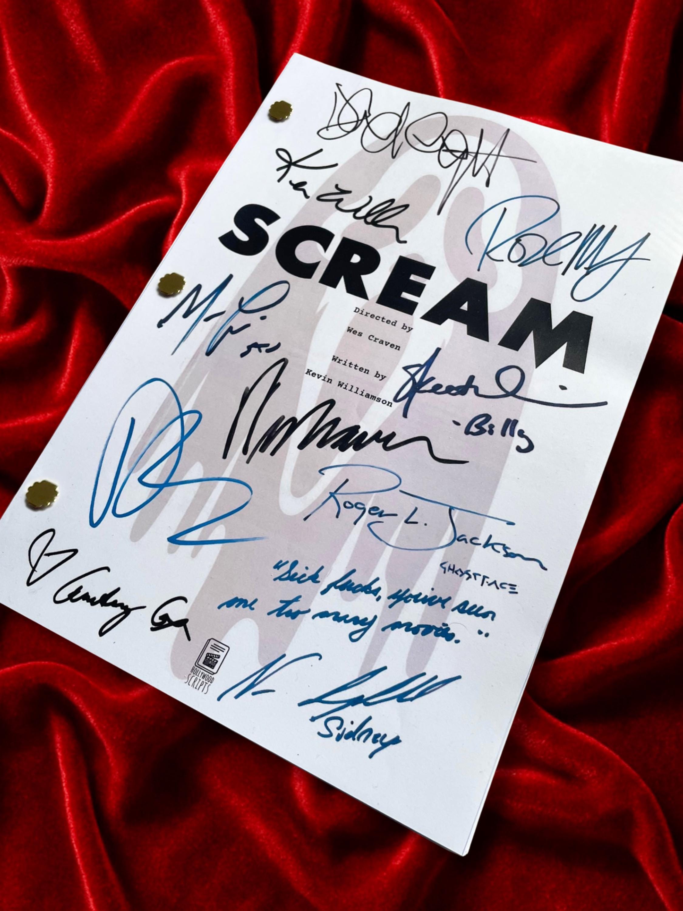 SCREAM Signed Movie Script with Wes Craven, Roger L. Jackson – Ghostface, Neve Campbell & cast autographs