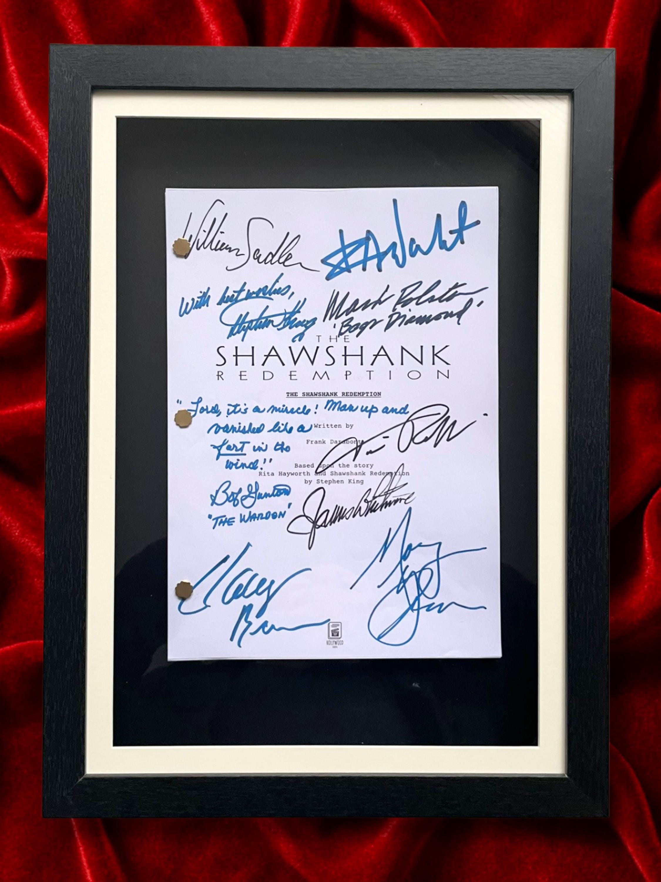 Shawshank Redemption, Signed Movie Script with, Morgan Freeman, Tim Robbins, Frank Darabont, Stephen King & Cast Autographs