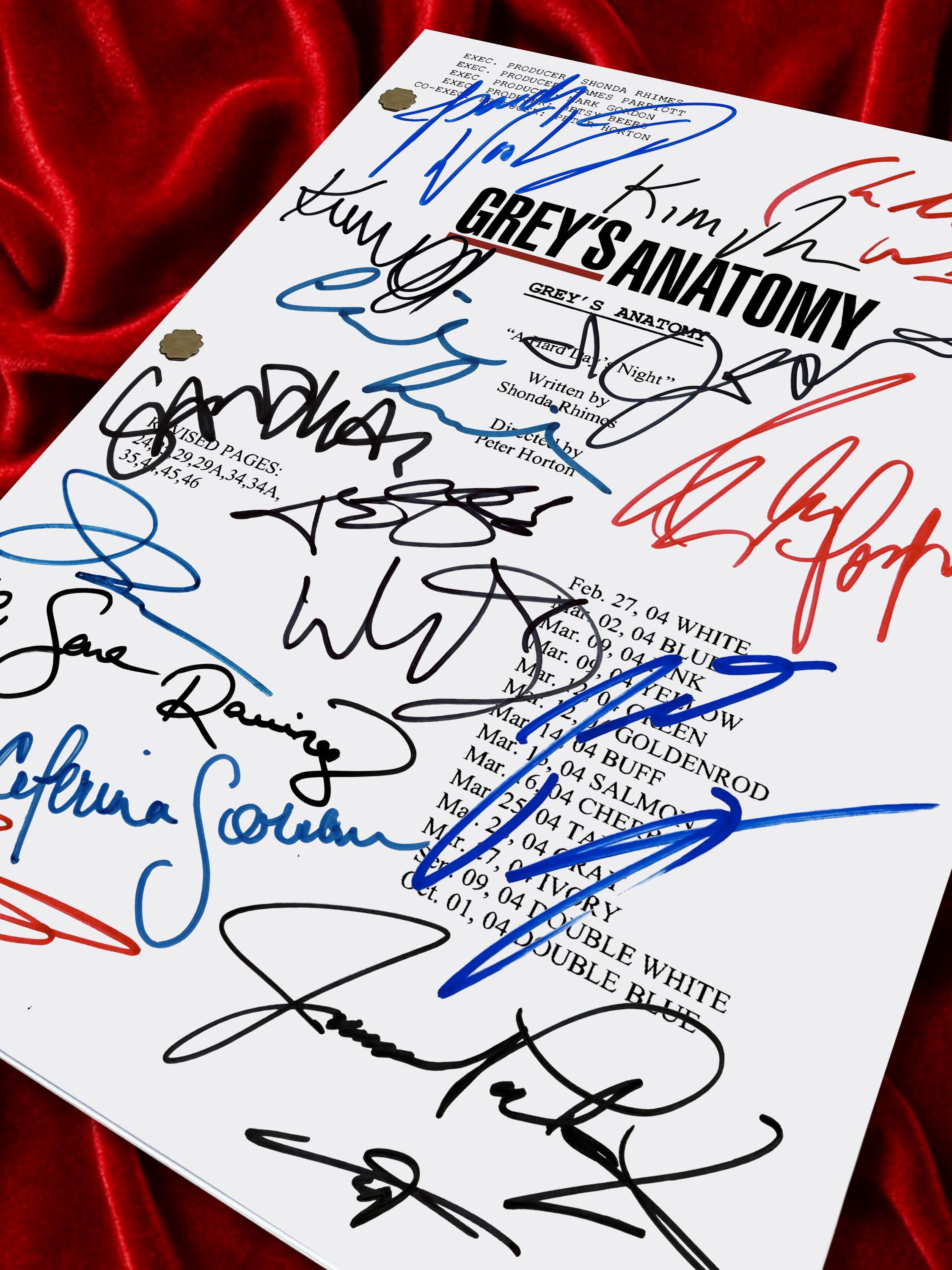 Greys Anatomy, Signed TV Pilot Script, Full Screenplay Framed Reproduction + Cast Autographs