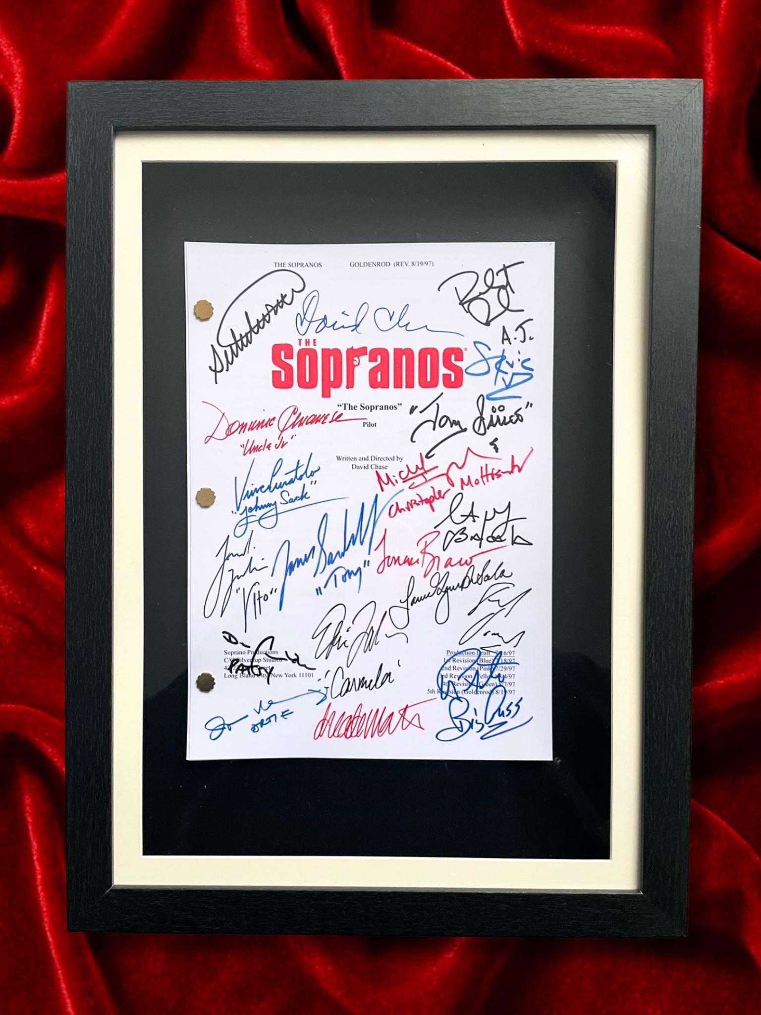 The Sopranos Signed TV Pilot Script, Full Screenplay Framed Reproduction + Cast Autographs, Movie Props