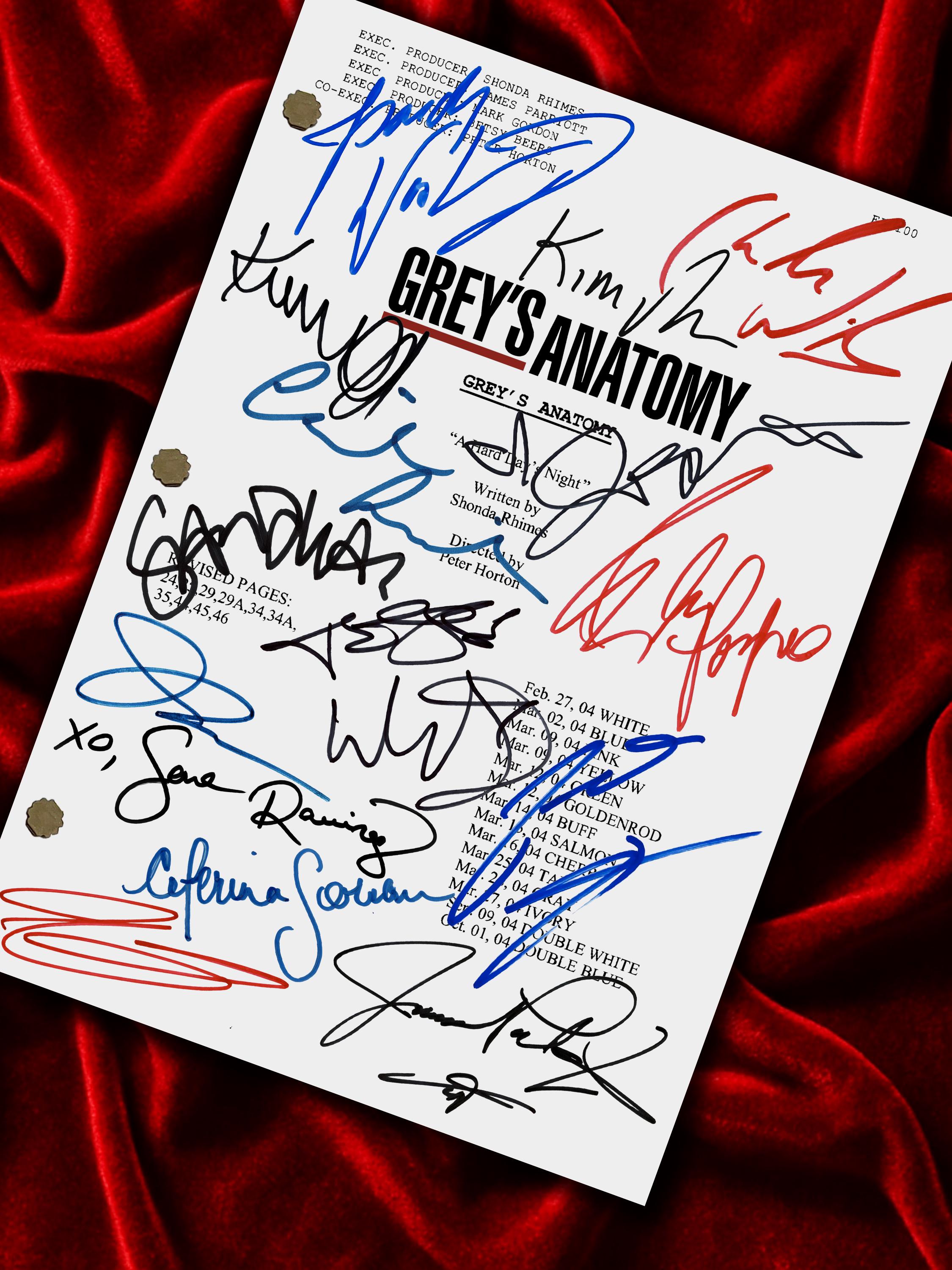 Greys Anatomy, Signed TV Pilot Script, Full Screenplay Framed Reproduction + Cast Autographs