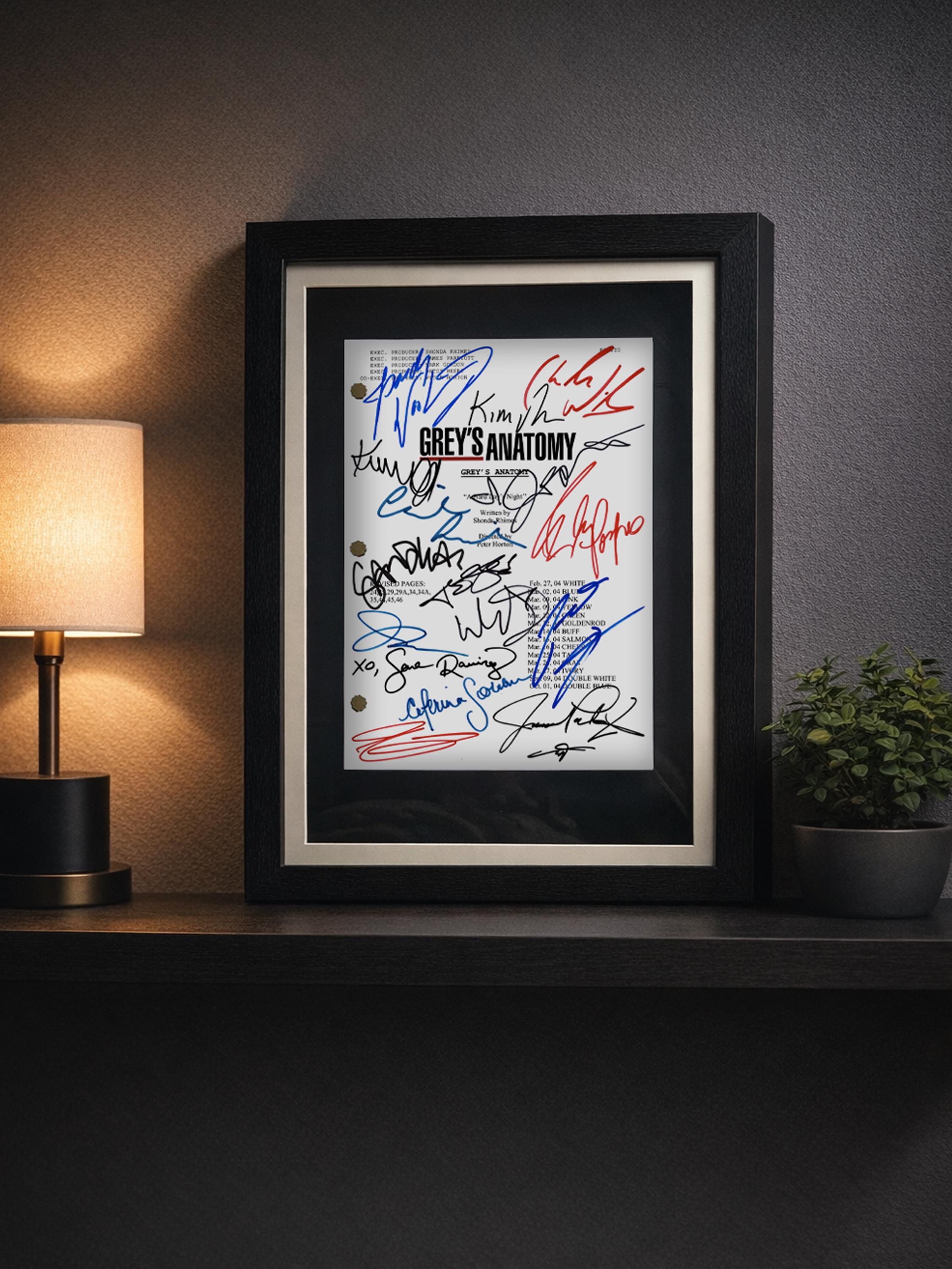 Greys Anatomy, Signed TV Pilot Script, Full Screenplay Framed Reproduction + Cast Autographs