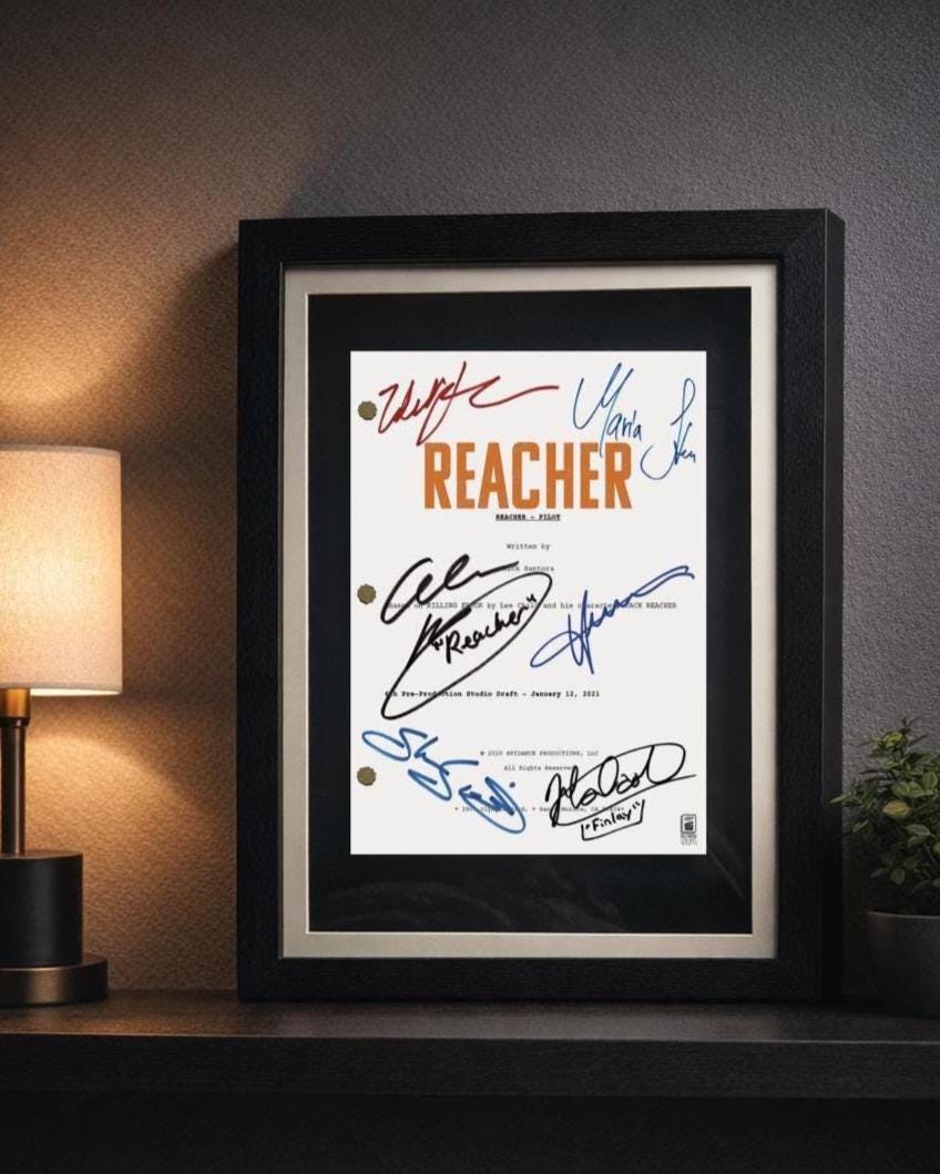 Jack Reacher, Signed TV Pilot Script, Full Screenplay Framed Reproduction + Cast Autographs