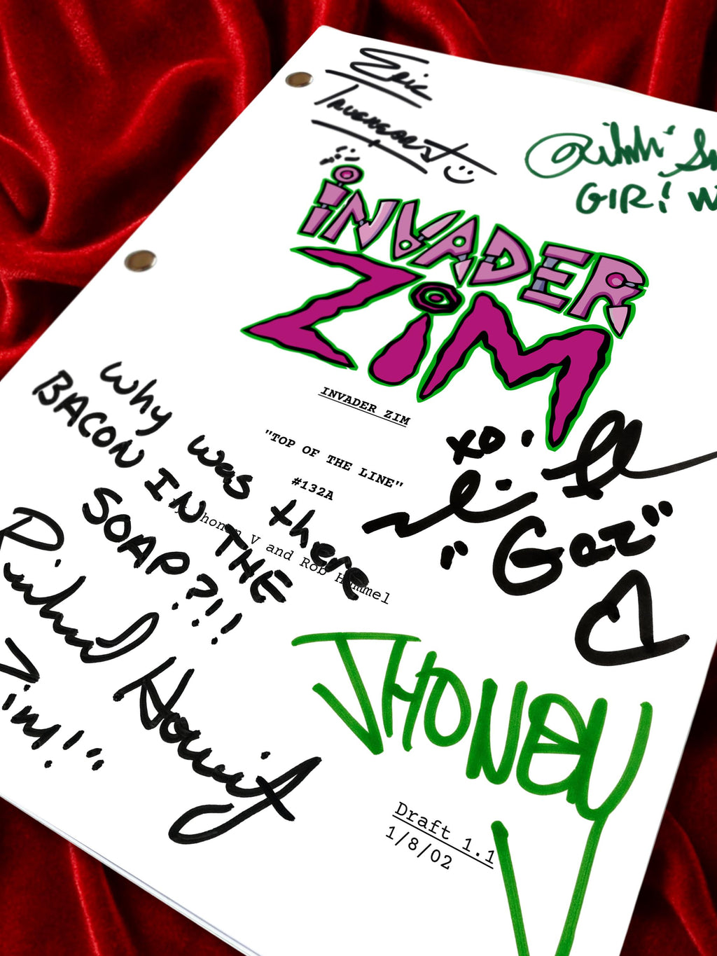 Invader Zim, Signed, Top of the Line, Signed TV Pilot Script, Full Screenplay Reproduction, Dib Membrane + Cast Autographs
