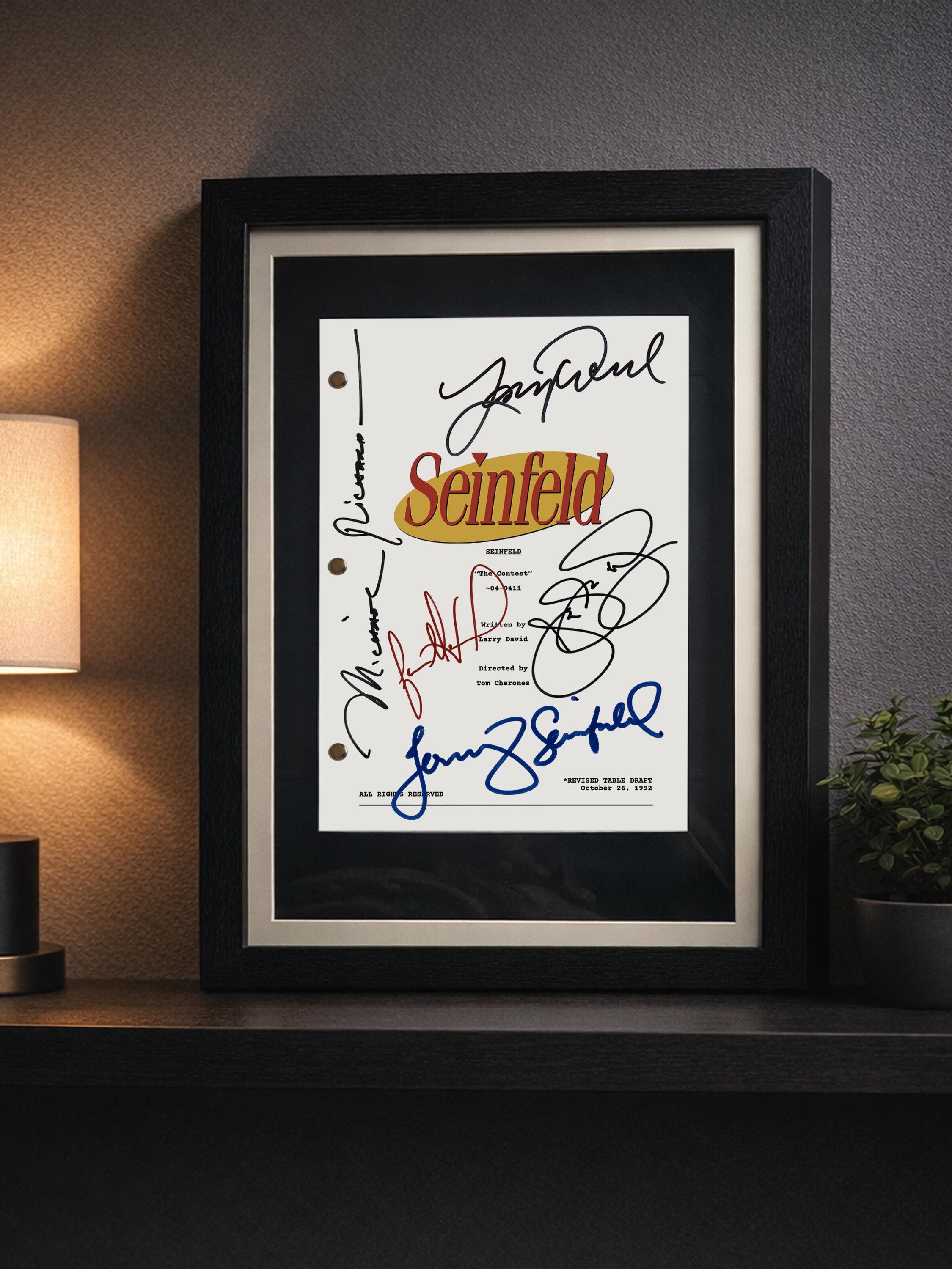 Seinfeld, Signed TV Script, The Contest, Full Screenplay Framed Reproduction + Cast Autographs