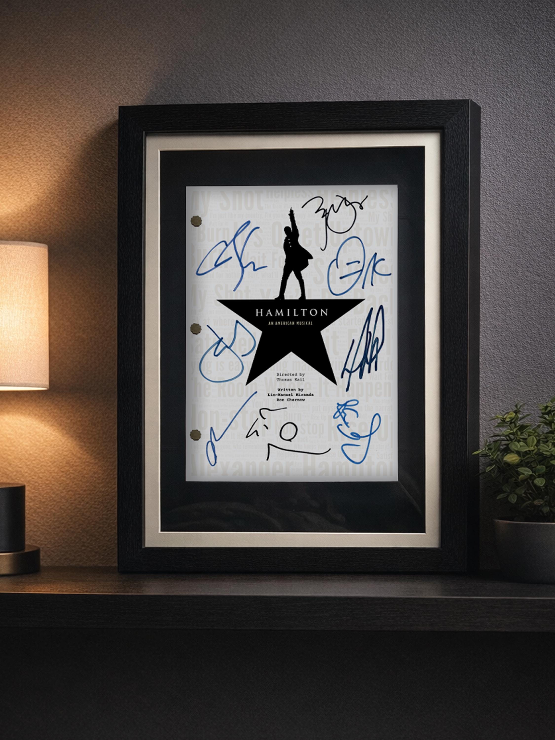 Hamilton Musical, Signed Playscript Framed Reproduction with Lin-Manuel Miranda + Cast Autographs