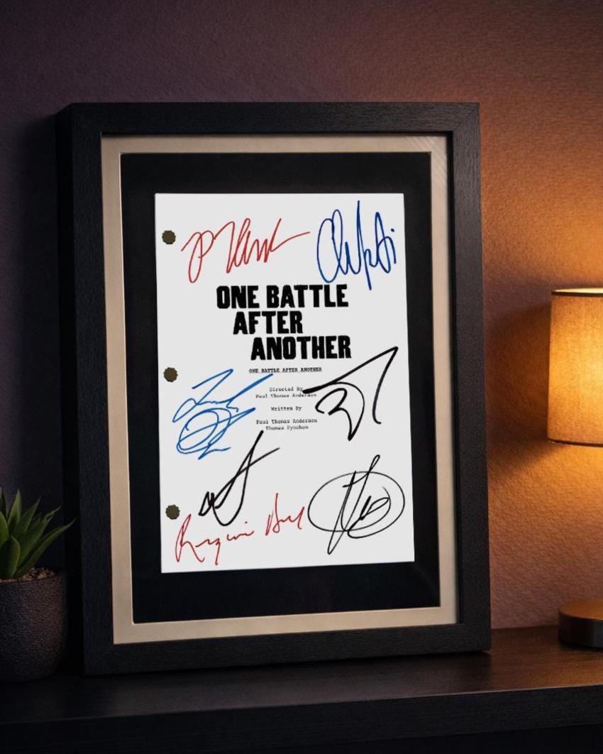 One Battle After Another, OBAA Signed Movie Script, Full Screenplay Framed Reproduction + Cast Autographs
