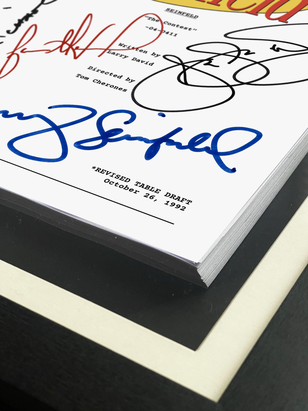 Seinfeld, Signed TV Script, The Contest, Full Screenplay Framed Reproduction + Cast Autographs
