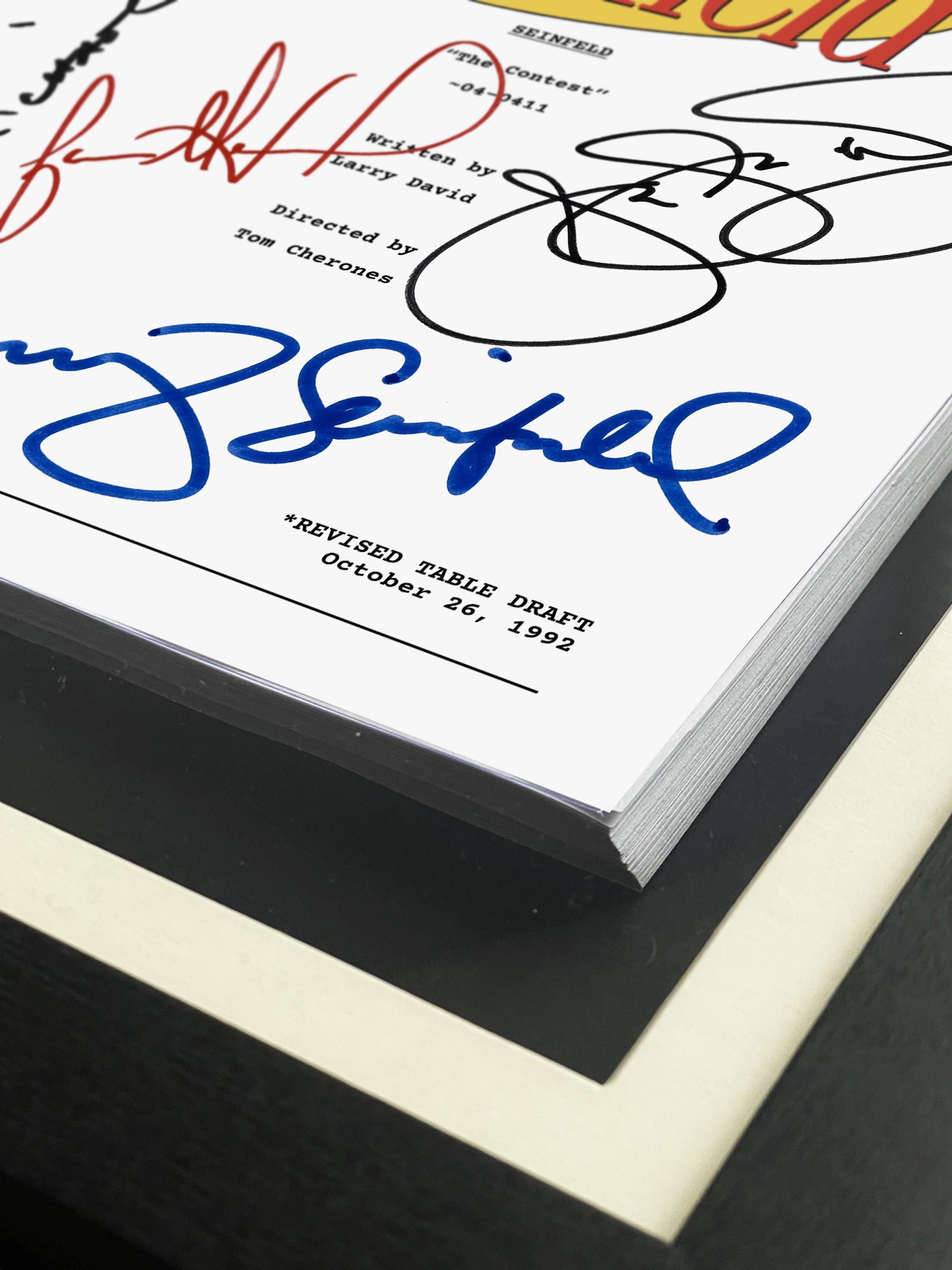 Seinfeld, Signed TV Script, The Contest, Full Screenplay Framed Reproduction + Cast Autographs