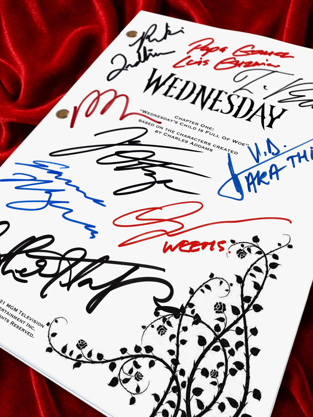 Wednesday, Signed TV Pilot Script, Full Screenplay Framed Reproduction + Cast Autographs