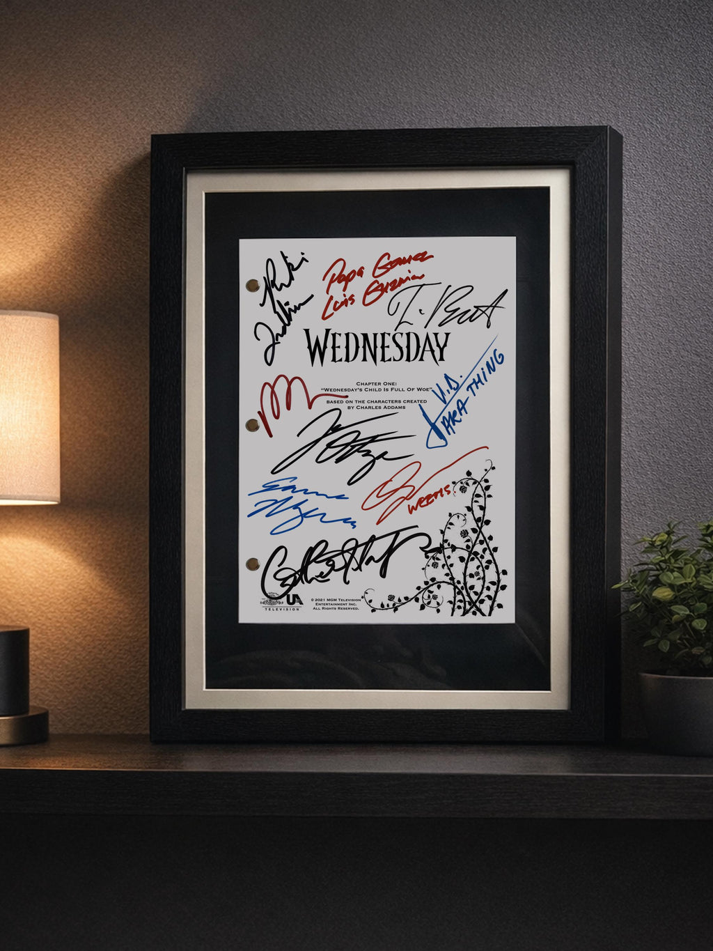 Wednesday, Signed TV Pilot Script, Full Screenplay Framed Reproduction + Cast Autographs