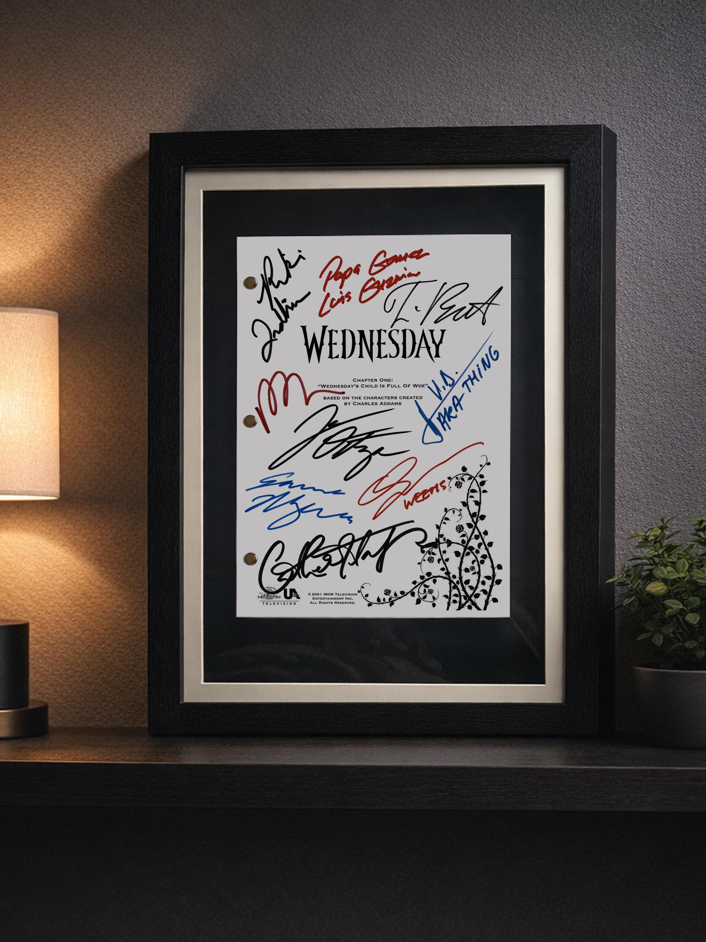 Wednesday, Signed TV Pilot Script, Full Screenplay Framed Reproduction + Cast Autographs