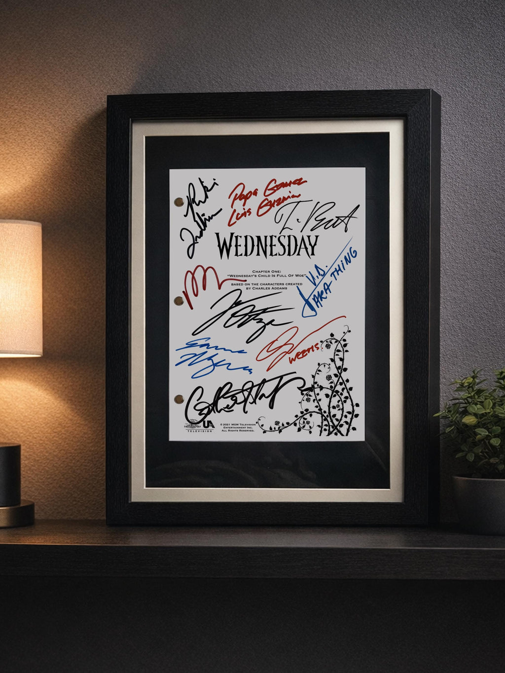 Wednesday, Signed TV Pilot Script, Full Screenplay Framed Reproduction + Cast Autographs
