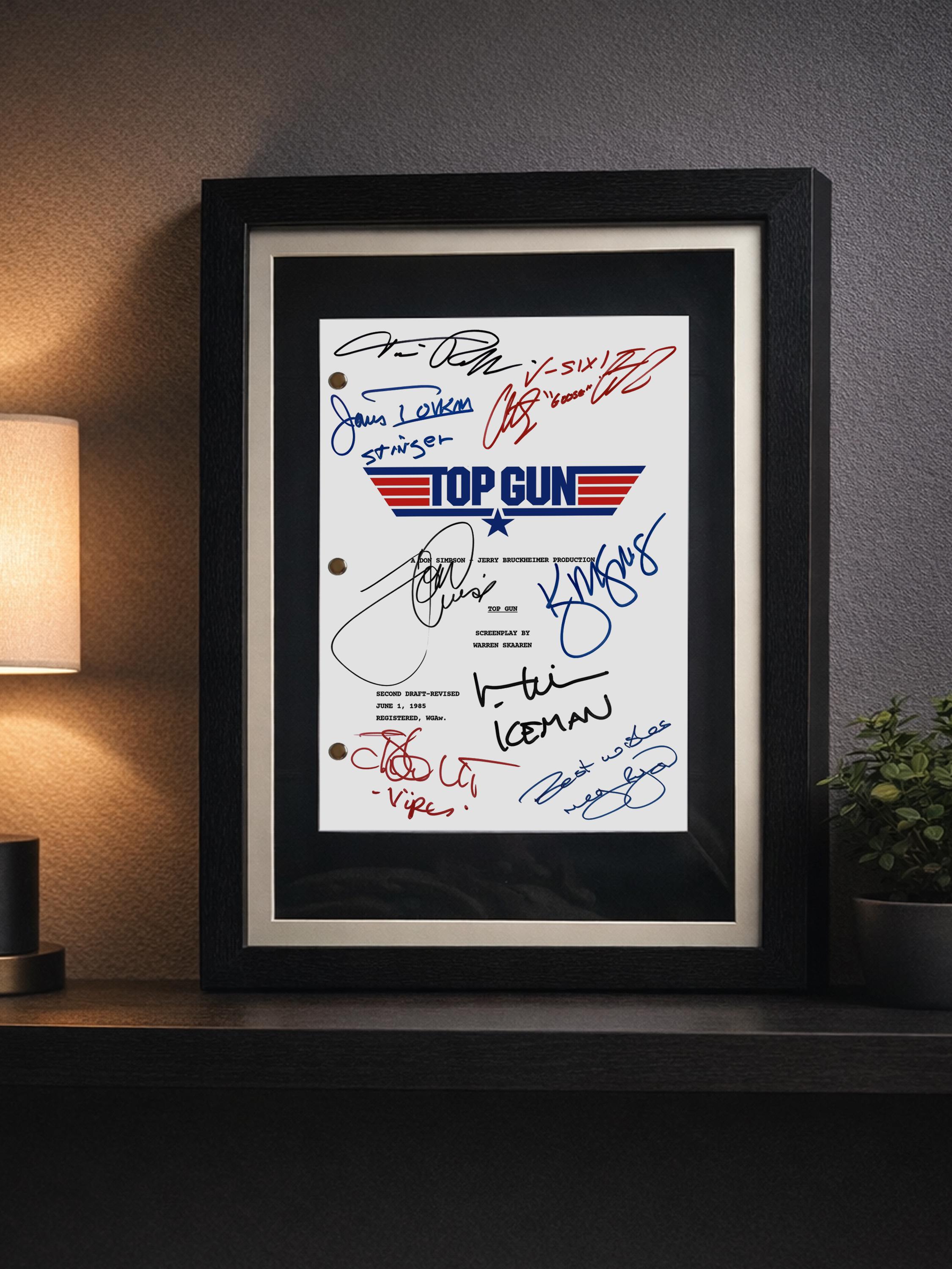 TOP GUN Signed Movie Script, Framed 1986 Full Screenplay Reproduction